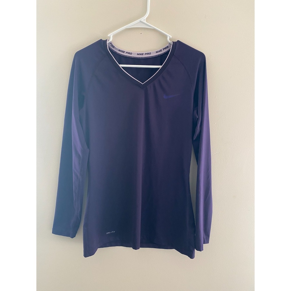 Nike Pro Dri Fit Long Sleeve Shirt Womens Purple Athletic Training Top